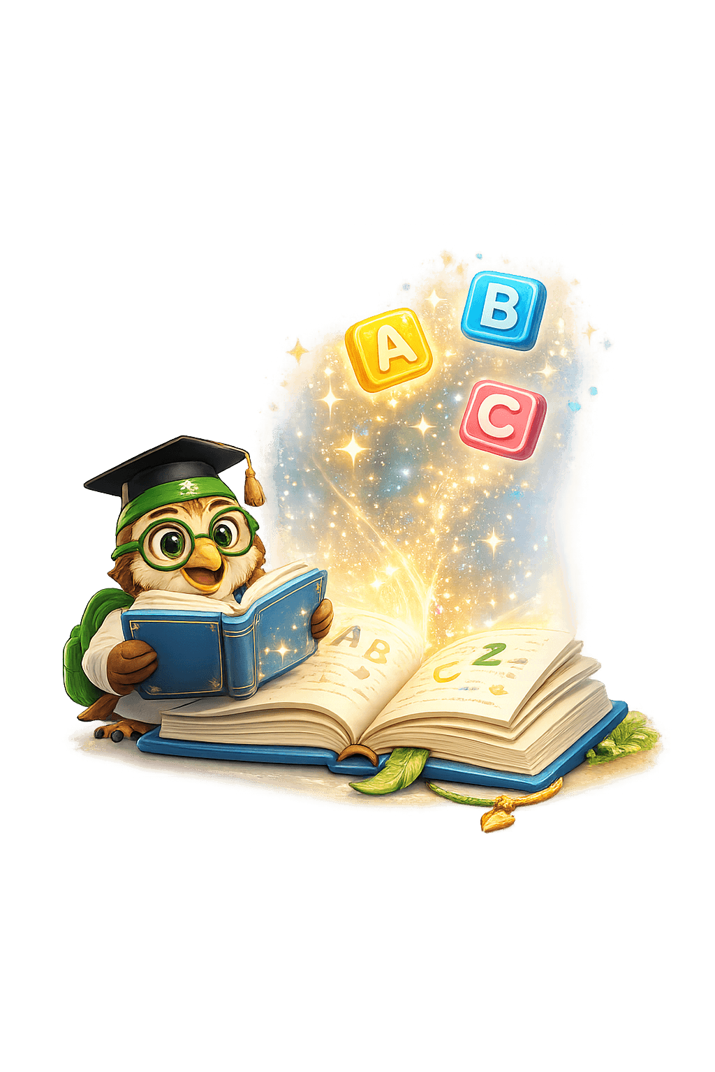 The graduate owl mascot reading a blue book, with sparkles and letter blocks rising from the pages