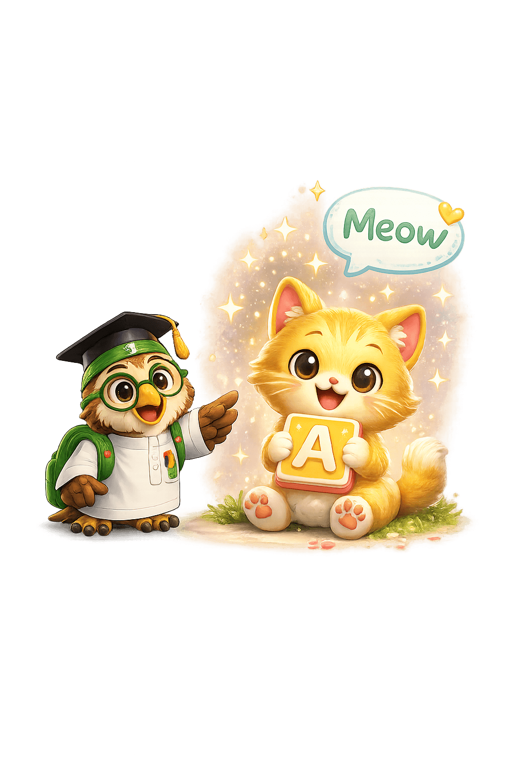 The graduate owl mascot beside an orange kitten holding a letter block, with a “Meow” speech bubble