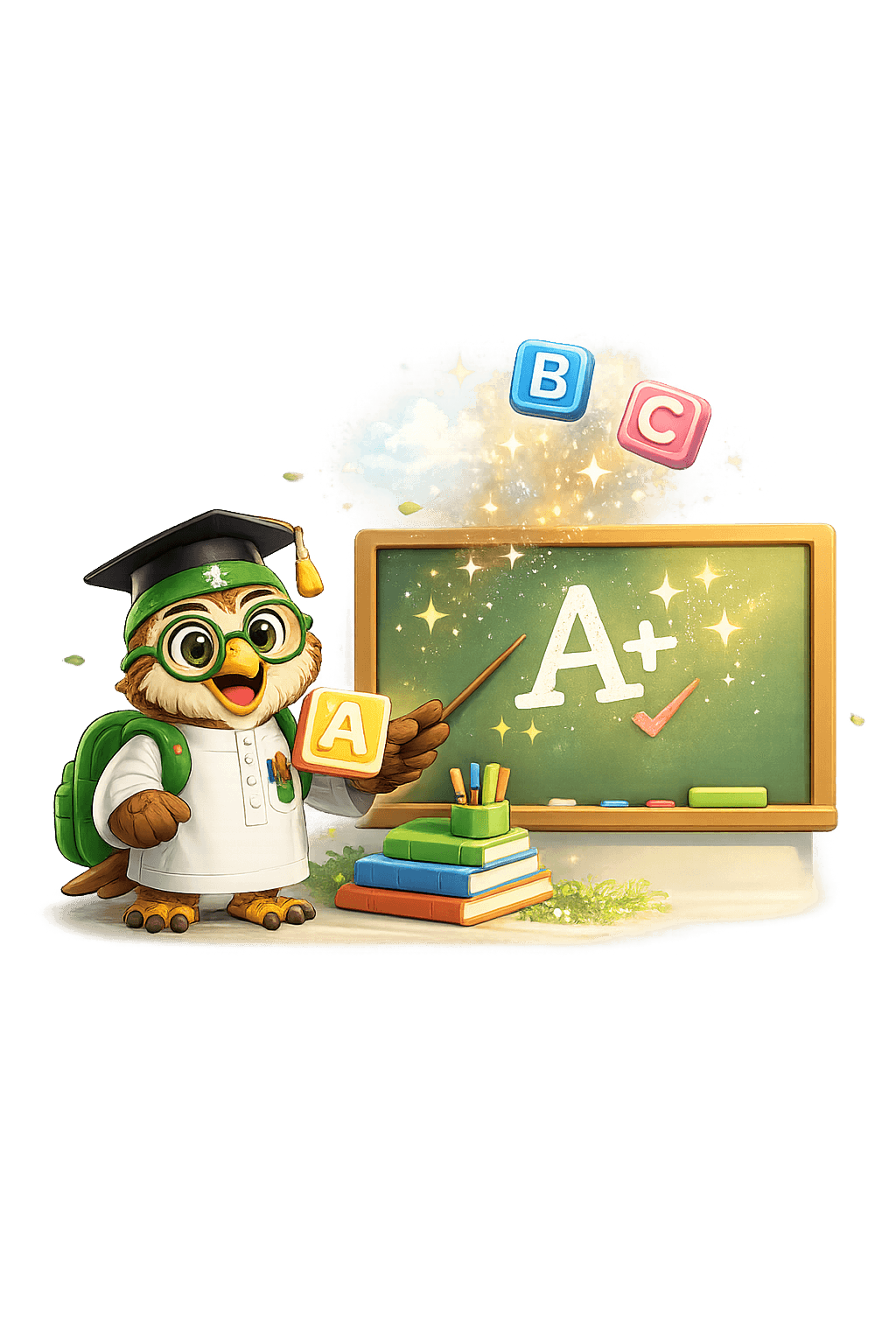The graduate owl mascot dressed as a teacher, pointing at a green chalkboard marked “A+”