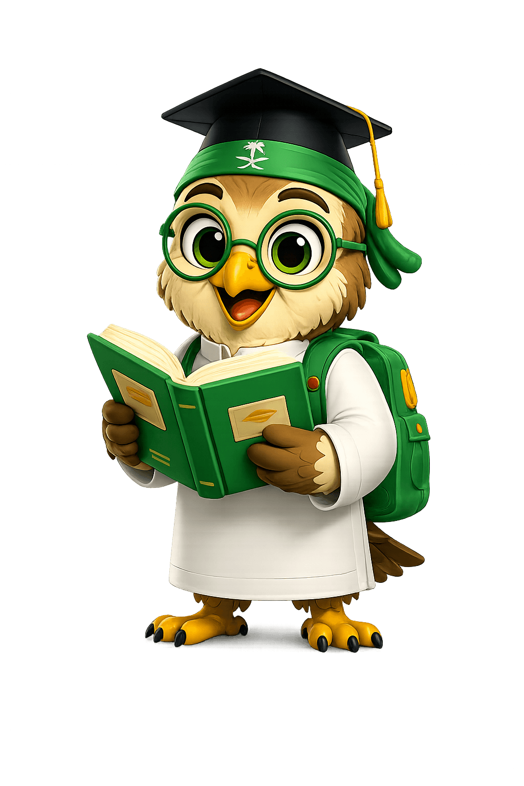 Owl mascot in a graduation cap and round green glasses reading an open book