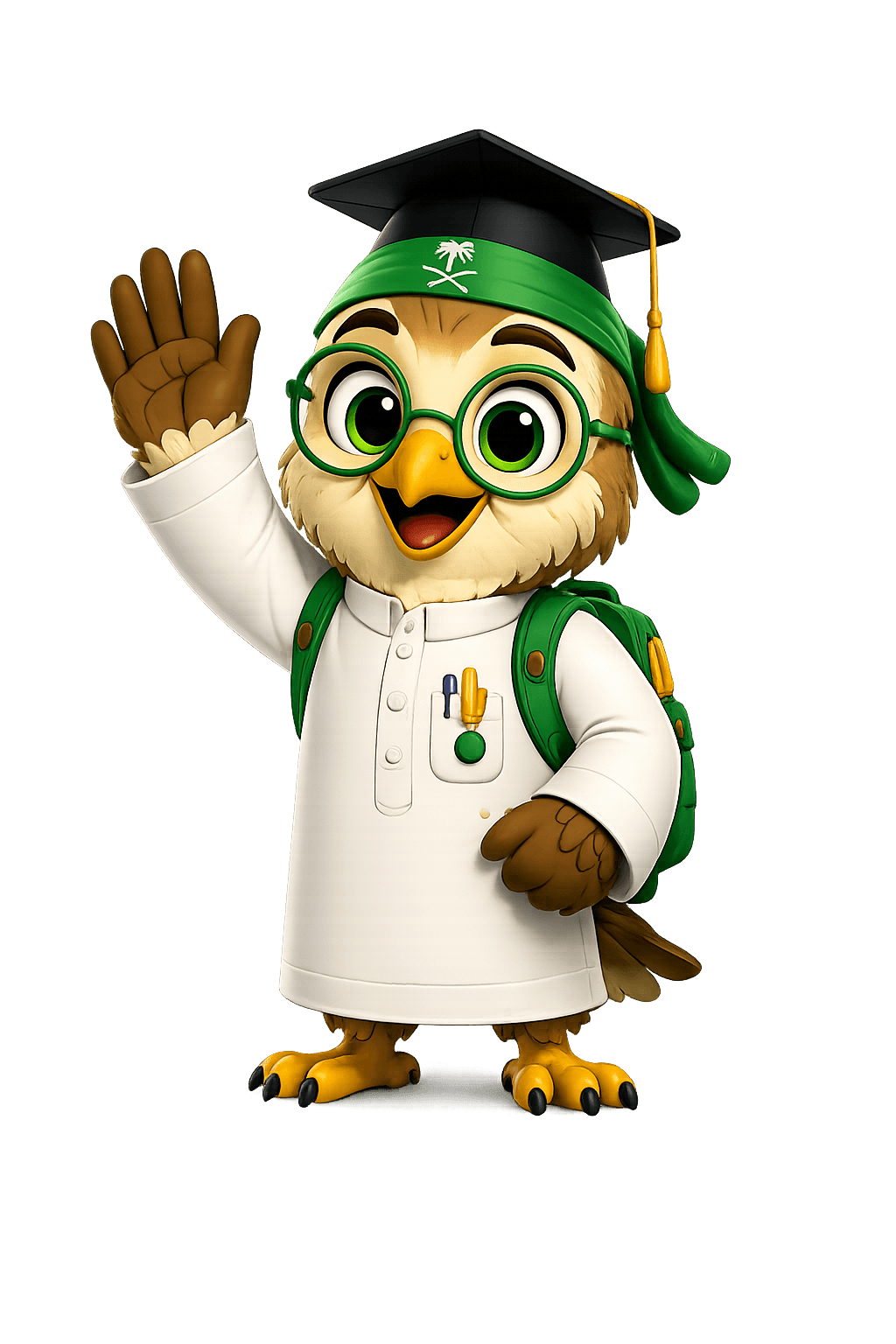 AbjadEnglish owl mascot in a graduation cap and glasses, waving hello